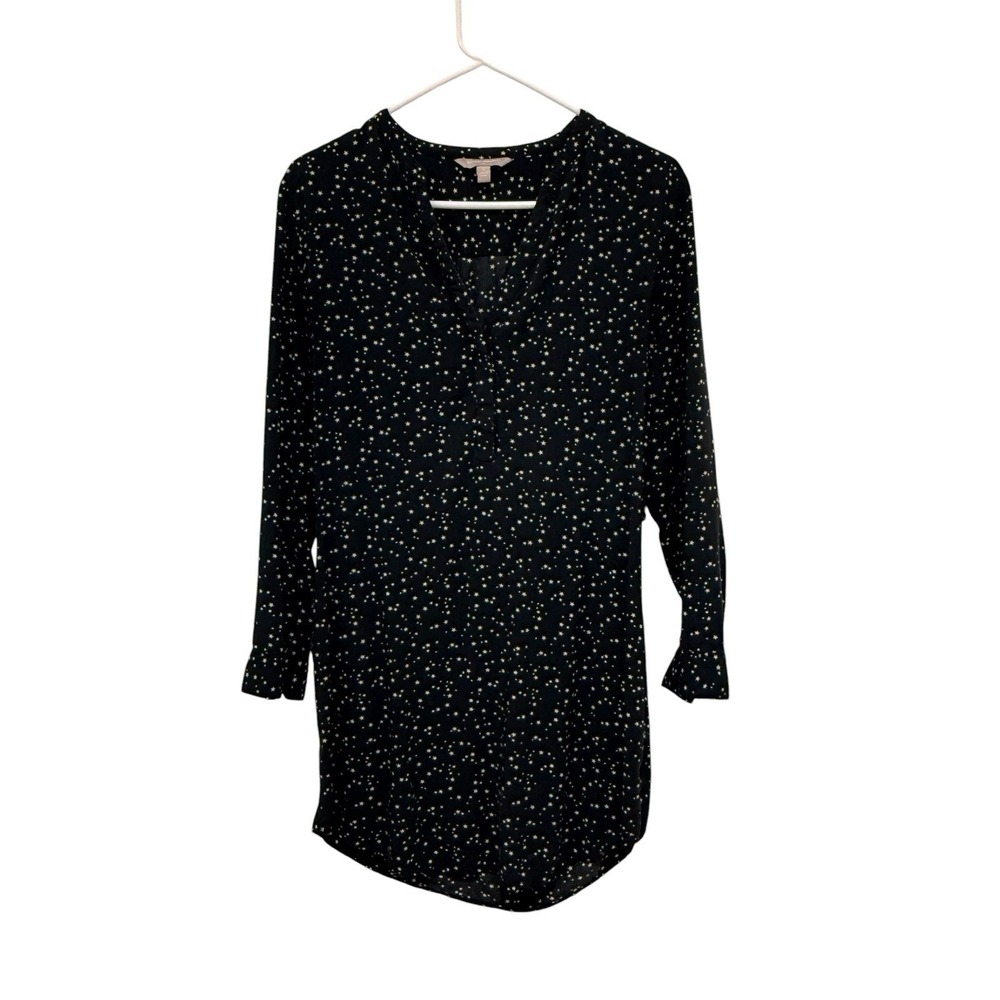 Black Shirt Dress/ Long Tunic Star Print Mini Celestial Preppy 6  ***flaw ***